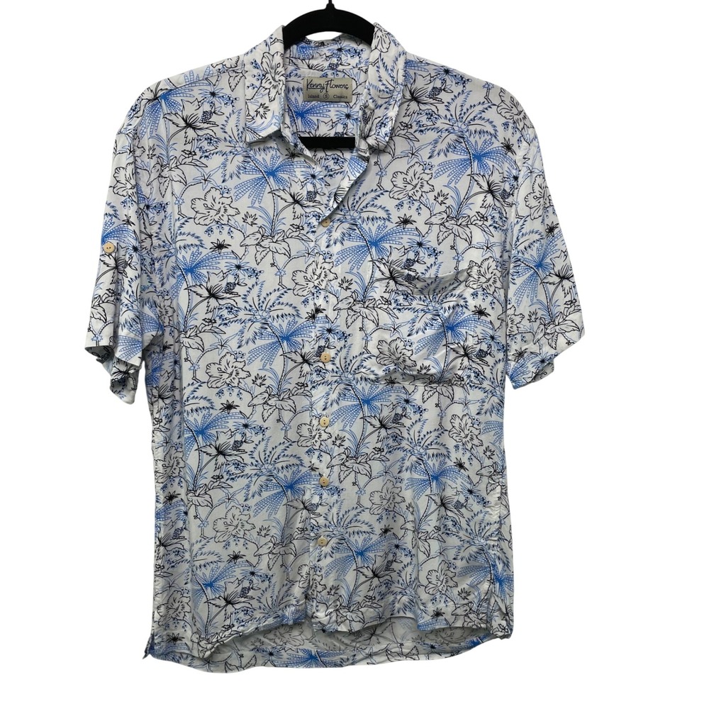 Kenny Flowers Island Roll‎ Tab White Blue Tropical Rayon Shirt Hawaiian Resort S